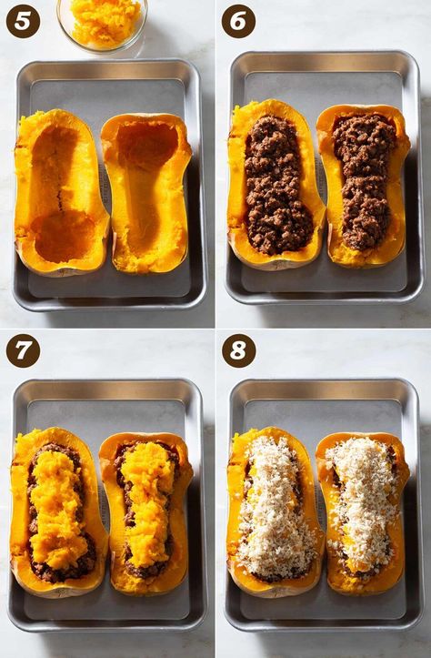 Stuffed Butternut Squash With Ground Beef, Butternut Squash Meatloaf, Hamburger Butternut Squash Recipes, What To Cook With Butternut Squash, Butternut Squash And Beef Recipes, Dinner Ideas With Butternut Squash, Stuffed Roasted Butternut Squash, Squash And Meat Recipes, Butternut Dinner Ideas