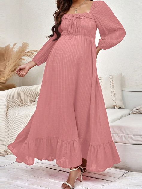 Maternity Square Neck Lantern Sleeve Ruffle Hem Dress Watermelon Pink Casual  Long Sleeve Fabric Plain A Line Non-Stretch  Maternity Clothing, size features are:Bust: ,Length: ,Sleeve Length: Maternity Outfits Dresses, Women Problems, Shein Maternity, Being Pregnant, Babymoon, Maternity Clothing, Elegant Dresses Long, Ruffle Hem Dress, Women Midi