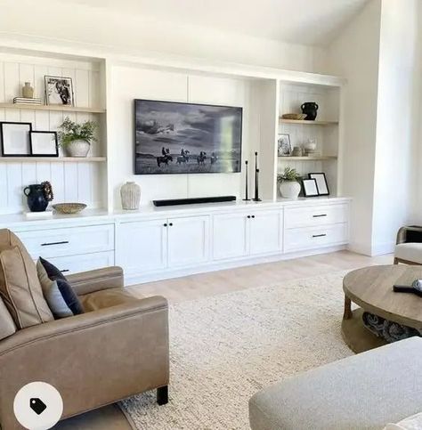 30+ TV Media Wall Ideas That Are Both Functional and Stylish - HubPages Tv Media Wall, Media Wall Ideas, Built In Tv Cabinet, Built In Tv Wall Unit, Built In Wall Units, Media Walls, Tv Built In, Built In Entertainment Center, Built In Shelves Living Room