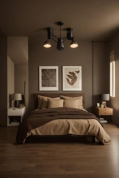 Dark Earthy Bedding, Cream And Light Brown Bedroom, Bedroom Ideas Espresso Furniture, Dark Male Bedroom, Bedroom Cream Bed, Brown Earthy Bedroom, Dark Beige Room, Light Brown Bedroom Walls, Cream Color Bedroom Ideas