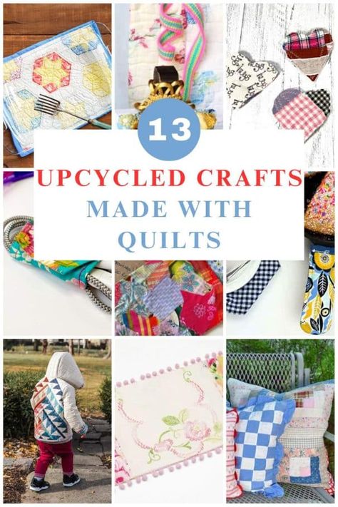 upcycled quilt crafts Vintage Quilt Pillows Ideas, Crafts With Old Quilt Pieces, What To Do With Quilt Squares, Recycle Quilts Ideas, Old Quilt Crafts Projects, Vintage Quilt Scrap Projects, Vintage Quilt Craft Ideas, What To Make Out Of Old Quilts, Sewing Memory Projects