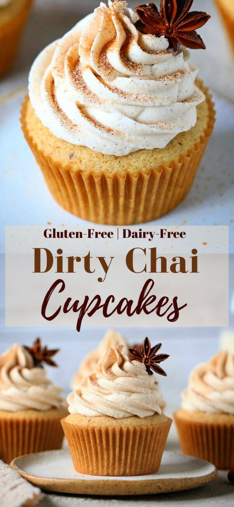 Gluten Free Spice Cupcakes, Gluten Free Chai Muffins, Gluten Free Chai Cupcakes, Chai Spiced Cake, Vanilla Chai Cupcakes, Dairy Free Fall Dessert, Chai Cupcake Recipe, Chai Tea Cupcakes, Chai Buttercream