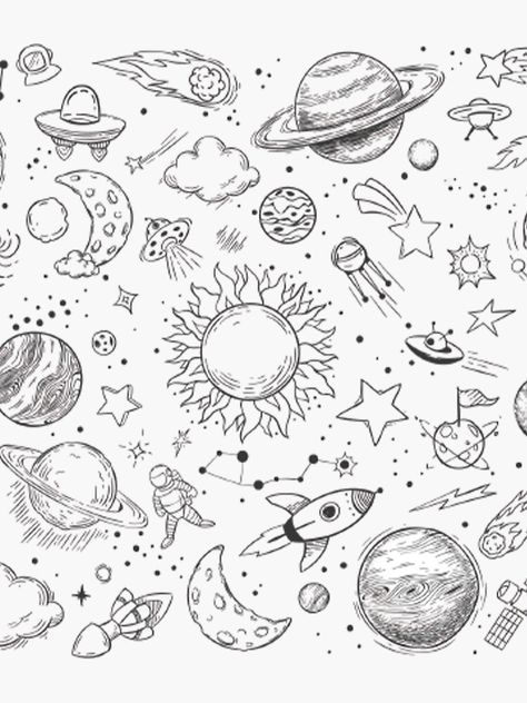 "Galaxy - cosmos, moon and stars" Sticker by idea-factory | Redbubble Doodle Space Drawings, Easy Universe Drawing, Universe Doodle Art, Space Stuff To Draw, Space Words Aesthetic, Aesthetic Space Drawings, Space Drawings Ideas, Space Drawing Aesthetic, Doodle Art Tattoo Ideas