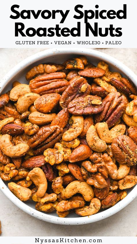 Roasted Nuts Recipe, Spiced Nuts Recipe, Seasoned Nuts, Spicy Nuts, Charcuterie Spread, Walnut Recipes, Snack Mix Recipes, Nut Recipes, Roasted Nuts