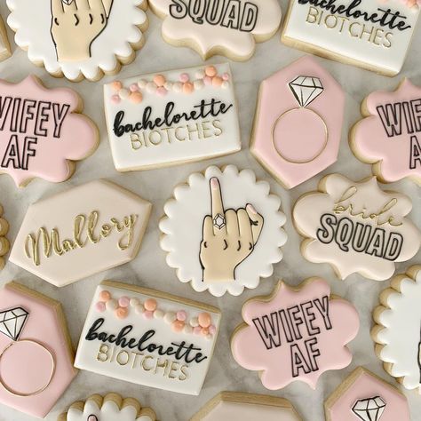 Bachelorette Desserts, Bachelorette Party Cookies, Rocker Wedding, Bachelorette Cookies, Bachelorette Inspo, Bridal Cookies, Bachelorette Party Weekend, Bridal Shower Planning, Bachelorette Party Supplies