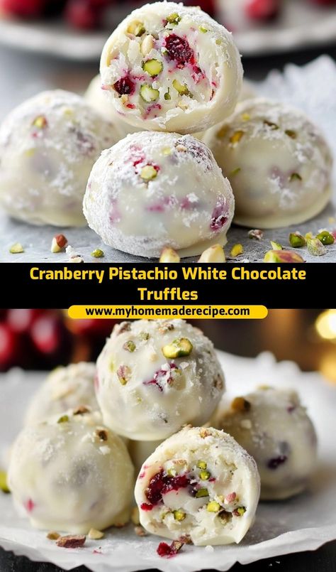 These Cranberry Pistachio White Chocolate Truffles are the perfect blend of sweet and tangy! With creamy white chocolate, tart cranberries, and crunchy pistachios, they’re a festive and indulgent treat for the holidays White Chocolate Cranberry Pistachio Truffles, Cranberry Pistachio Truffles, Christmas Cranberry Pistachio White Chocolate Truffles, Cranberry Christmas Treats, Xmas Baked Goods Gift Ideas, Christmas Inspired Desserts, White Chocolate Christmas Treats, Pistachio Cranberry Bark, White Christmas Treats