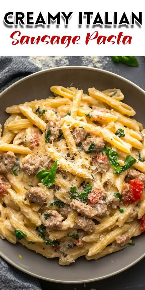 Indulge in a bowl of Creamy Italian Sausage Pasta that’s bursting with rich, savory flavors! Made with Italian sausage, garlic, Parmesan cheese, and a luscious cream sauce, this dish is the perfect comfort food. 📌 Save this Pin and enjoy a delicious pasta night with minimal effort! #CreamyPasta #ItalianSausagePasta #ComfortFood #EasyDinnerRecipes #WeeknightMeals #PastaLovers #CheesyGoodness #QuickDinnerIdeas #FoodieFavorites #DinnerInspiration 🍝🍷 Baked Italian Sausage Recipes, Tortellini Recipes With Italian Sausage, Italian Sausage And Alfredo Sauce, Italian Sausage Cream Sauce, Sausage And Cheese Pasta, Sausage Heavy Cream Pasta, Margarita Pasta Recipes, Italian Sausage And Marinara Sauce, Penne Pasta With Italian Sausage And Spinach