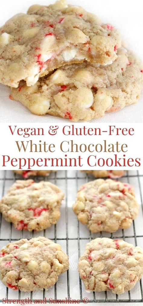 Vegan White Chocolate Peppermint Cookies (Gluten-Free, Allergy-Free) | Strength and Sunshine | The perfect holiday cookie recipe that tastes just like Christmas! These Vegan White Chocolate Peppermint Cookies are gluten-free, allergy-free, and full of dairy-free white chocolate chips and crushed peppermint candies! Easy and delicious, they're a fun addition to your seasonal cookie swap and dessert platters! #cookies #christmascookies #christmasrecipes #vegancookies #whitechocolate #peppermint White Chocolate Peppermint Cookies, Gluten Free Christmas Desserts, Dessert Platters, Crushed Peppermint, Gluten Free Christmas Cookies, Vegan Christmas Cookies, White Chocolate Peppermint, Xmas Baking, Chocolate Peppermint Cookies