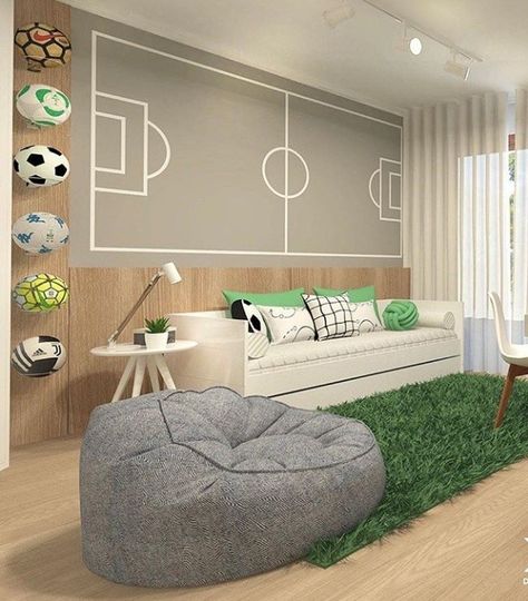 Soccer Kids Room, Soccer Themed Bedroom, Soccer Bedroom, Soccer Room, Football Rooms, Football Bedroom, Teenage Boy Room, Boys Bedroom Makeover, Big Boy Bedrooms