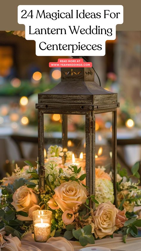 Elegant wedding centerpiece featuring a rustic lantern decorated with flowers and candles, creating a warm and inviting glow. Lantern Centerpieces With Pampas, Chinese Lantern Centerpiece Wedding, Lantern And Eucalyptus Centerpiece, Lantern Wedding Centerpieces Diy, Wedding Table With Lanterns, Bridesmaid With Lanterns, Open Lantern Centerpiece, Lantern Greenery Centerpiece, Flowers In Lanterns