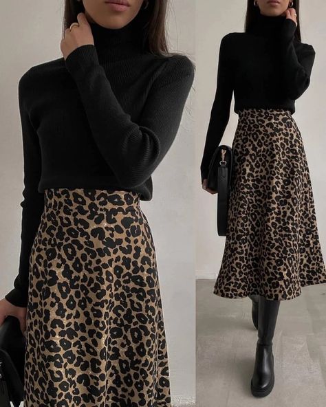 Black Skirt Outfit For Work Office Style Professional Women, Winter Theatre Outfit, How To Style A Dress In Winter, Leopard Print Skirt Outfit, Leopard Skirt Outfit, Printed Skirt Outfit, Winter Skirts, Black Skirt Outfits, Timeless Outfits