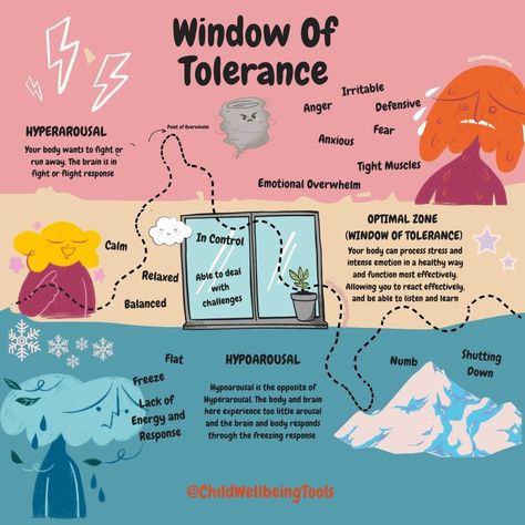 The Window Of Tolerance Also known as the 'WOT' is something we all have. We all have different widths of tolerance and when we are within this tolerance level we are inside the 'window'. Full information on our Instagram @ChildwellbeingTools RESOURCES AVAILABLE ON OUR SHOP LINK IN BIO #windowoftolerance #trauma #thinking #problemsolving #emotionalregulation #decisionmaking #innerchild #innerchildtherapy #humanneeds #mentalhealthcare #emotionalwellness #somatictherapy #copingskills Rbt Tools, Tolerance Activities, Wellbeing Wednesday, Educational Posters For Kids, Sel Resources, Window Of Tolerance, Nervus Vagus, Somatic Therapy, Mental Health Activities