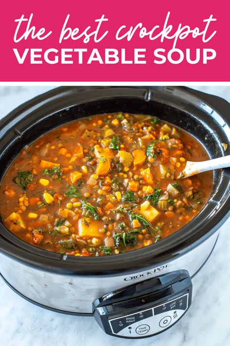 Warm, comforting, and packed with nutritious veggies, this crockpot vegetable soup recipe is sure to become a new family favorite. Perfect for chilly nights or busy days, this soup is easy to make and delicious to eat. Crockpot Veg Soup Recipes, Vegetable Rice Soup Crockpot, Meatless Soup Recipes Crock Pot, Best Beef Vegetable Soup Crock Pot, Healthy Vegetable Crockpot Recipes, Vegetable Soups In A Crock Pot, Vegetarian Soups And Stews Crock Pot, Slow Cooker Creamy Vegetable Soup, Homemade Vegetable Soup Crockpot