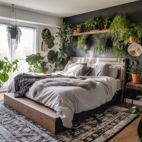 Plants On Black Wall, Boho Room With Black Wall, Bedroom Decor With Black Wall, Black And Boho Bedroom, Dark Green White And Grey Bedroom, Grey Wall With Black Accent Wall, Boho Master Room Bedroom Ideas Green, Black White Green Boho Bedroom, Bohemian Dark Bedroom