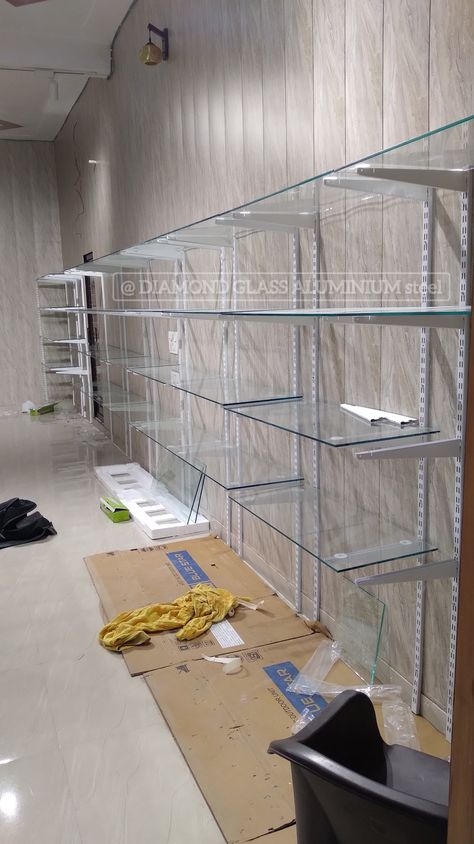 Glass shelf rock for 8mm glass full info Glass Self Design Wall, Glass Racks Shelves For Shop, Racks Design Display For Shop, Glass Racks Shelves, Racks Design Display, Display Rack Design Retail Stores, Shop Rack Design, Display Design Shop, Glass Shelf Ideas