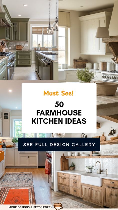 If you're dreaming of a warm and inviting kitchen, our collection of 50 farmhouse kitchen ideas is perfect for you. Discover charming designs featuring rustic wood elements, delightful vintage accents, and the cozy atmosphere that embodies farmhouse style. From open shelving and antique pots to farmhouse sinks and quirky décor, every detail contributes to a cozy ambiance. Transform your space into a homely retreat with these inspiring designs and tips for creating that perfect farmhouse feel, using practical and stylish ideas that never go out of trend. White Farm Kitchen Country, Large Farmhouse Kitchen Layout, Farmhouse Kitchen Renovation Ideas, Chip And Joanna Gaines Farmhouse Kitchen, Farmhouse Kitchen Open Concept, Old Farmhouse Kitchen Rustic, Farmhouse Kitchen Colors Schemes, Farmhouse Kitchen Simple, Farmhouse Kitchen Layout