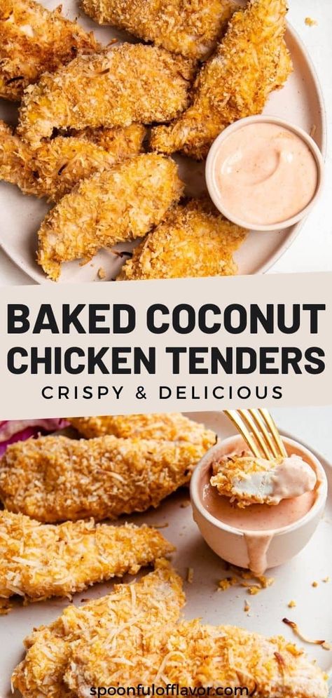 Easy Baked Coconut Chicken Tenders are crispy and delicious! They come together easily and taste great dipped into a simple sriracha dipping sauce. Try them baked or cook them in the air fryer too. Easy Appetizers For A Party, Sriracha Dipping Sauce, Paleo Coconut Chicken, Appetizers For A Party, Coconut Chicken Tenders, Sweet Chili Dipping Sauce, Baked Coconut, Memorial Day Party, Easy Appetizers