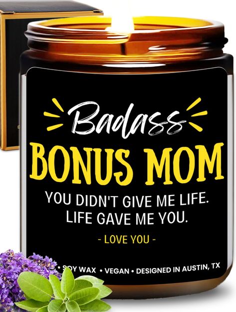 PRICES MAY VARY. 💠 Perfect Gift for Stepmom: These woodwick candles are a thoughtful way of sending love & appreciation to your bonus mom! It has a cool message on the label that says "Badass Bonus Mom". Perfect birthday gifts for stepmom, mother in law birthday gifts & step mom mothers day gifts! You best choice for step mom gift ideas! 💠 Long-lasting Scent: With its lavender and sage scent, these wood wicked candles will surely make the room smell refreshing and relaxing for hours! This is a Bonus Mom Mothers Day Ideas, Mothers Day Card For Stepmom, To My Bonus Mom, Bonus Mom Shirts Vinyl, Bonus Mom Shirt, Cool Messages, Mother In Law Birthday, Specialty Candles, Vegan Design