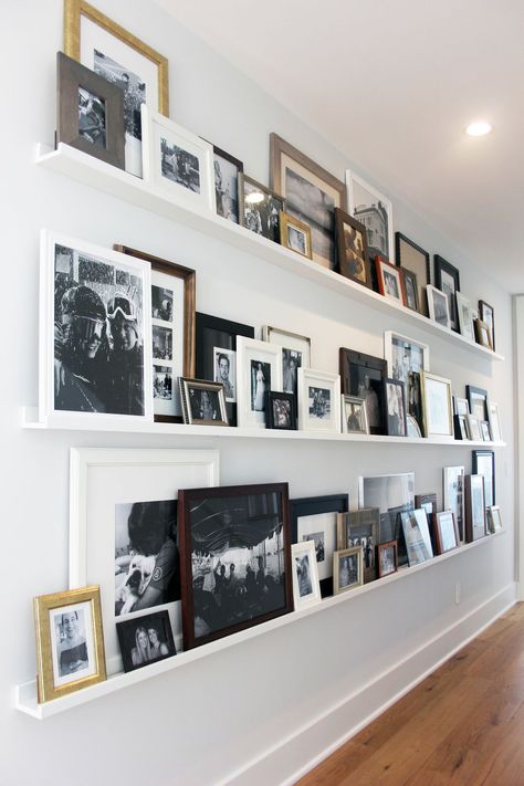 Gallery Shelves White Photo Ledge, Gallery Wall Of Photos, Mantle Picture Frames, Mantle With Picture Frames, Floating Photo Shelves, Floating Shelves For Pictures, Picture Shelves Living Room, Shelves With Picture Frames, Family History Photo Wall