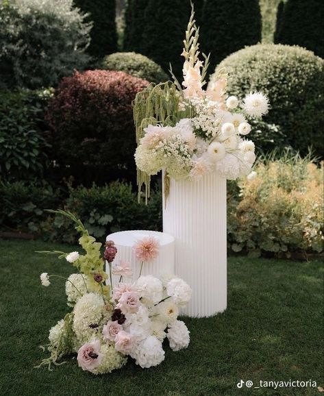 Wedding Florals Pop Of Color, Neutral And Green Wedding Decor, Whimsical Florals Wedding, Altar Flower Arrangements Wedding, Ethereal Flower Arrangements, Wedding Aisle Florals Outdoor, Modern White Floral Centerpiece, Alter Florals Wedding, Wedding Altar Flower Pillars