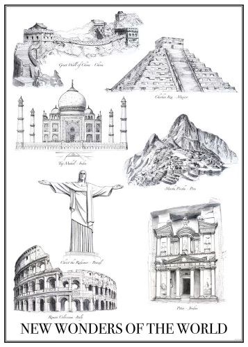 7 Wonders Of The World Tattoo, 7 Wonders Of The World Drawing, Wonders Of The World Drawing, Alex Tattoo, 7 World Wonders, Mehendi Decor Ideas, World Sticker, Mehendi Decor, 7 Wonders