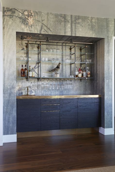 Charred Pine + Brass Bar with Hanging Collector's Shelving - Amuneal: Magnetic Shielding & Custom Fabrication Glass Shelves In Bathroom, Glass Shelves Kitchen, Modern Home Bar, Diy Hanging Shelves, Bar Shelves, Bar Shelf, Midcentury Home, Brass Bar, Cocktails Bar