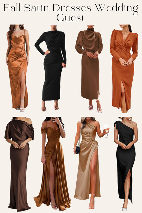 Fall Satin Dresses Wedding Guest Neutral Wedding Attire Guest, Formal Wedding Guest Attire Winter, Aspen Wedding Guest Outfit, Cocktail Attire For Women Wedding Fall, Mens Formal Wedding Attire Guest, Formal Fall Wedding Guest Dress, Satin Dresses Wedding, Fall Wedding Guest Dress November, Semi Formal Wedding Attire For Guest