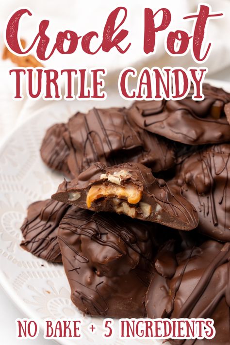 Crock Pot Turtle Candy - An easy homemade candy recipe that is great for the holidays! Loaded with chocolate, pecans, and caramel and made in a crock pot, these turtle candies are sure to be a hit! Christmas Candy | Candy Recipes | Turtle Candy Recipe | Crock Pot Desserts #chocolate #christmas #candy Caramel Turtle Candy, Chocolate Caramel Pecan Clusters Slow Cooker, Easy Thanksgiving Chocolate Desserts, 100 Best Christmas Candy Recipes, Diy Turtles Candy, Crockpot Pecan Candy Recipes, Chocolate Pecan Turtle Clusters Crockpot, Crock Pot Pecans Candied, Slow Cooker Chocolate Turtles Recipe