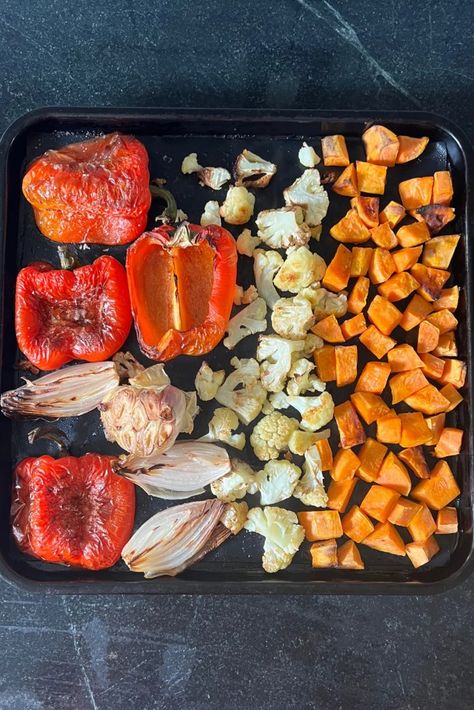 Easy & Delicious Sheet Pan Soup (Red Pepper, Sweet Potato & Cauliflower) - Inspired Edibles Red Pepper And Cauliflower Soup, Cauliflower Red Pepper Soup, Roasted Sheet Pan Soup, Sweet Potato Cauliflower Soup, Sheet Pan Soup Recipe, Sheet Pan Tomato Soup, Sheet Pan Soup, Sweet Potato Bell Pepper, Cauliflower Sweet Potato Soup