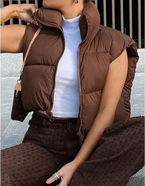 Winter crop puffer vest - Brown Puffer Jacket Brown, Ladies Waistcoat, Vest Style Women, Trendy Maxi Dresses, Puffer Jacket Outfit, Sleeveless Puffer, Cropped Puffer Jacket, Puffer Jacket Black, Bodycon Floral Dress