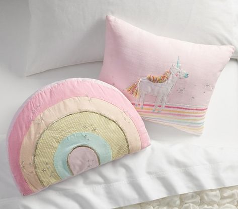 pillow | Pottery Barn Kids Boho Unicorn Room, Kids Unicorn Room, Rainbow Unicorn Bedroom, Unicorn Baby Room, Unicorn Bedroom Ideas, Crochet Horses, Princess Rooms, Unicorn Bedding, Unicorn Room