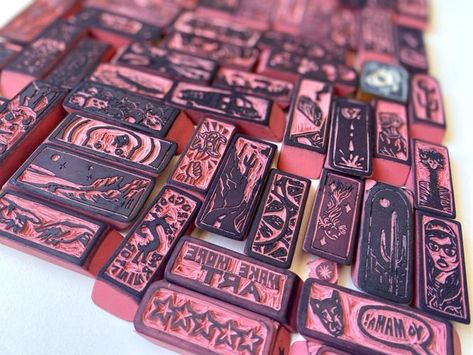 This local artist is creating 100 unique rubber stamps out of pink erasers Eraser Art, Pink Eraser, Eraser Stamp, Clouds Art, Lino Art, Wet Felting Projects, Hand Carved Stamps, Pink Plant, Cloud Art