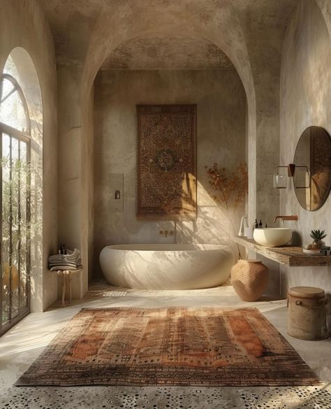 Earthy Bathroom Aesthetic, Modern Balinese Interior, Wabi Sabi Bathroom Inspiration, Wabi Sabi Bathroom, Mediterranean Revival Style, Wabi Sabi Aesthetic, Mediterranean Revival, Dream Life House, Bathroom Inspiration Decor