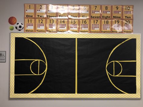 Basketball Bulletin Board Ideas, Basketball Classroom Theme, Basketball Room Transformation Classroom, Sports Themed Classroom Door Designs, Basketball Bulletin Boards, Basketball Classroom, Cafeteria Bulletin Boards, Pe Bulletin Boards, Basketball Scoreboard