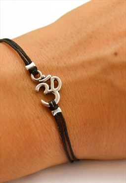 Silver om bracelet with a black cord, gift for her, yoga Hindu Symbol, Om Design, Hindu Symbols, Om Bracelet, Om Charm, Hook Bracelet, Antique Gold Jewelry, Mens Gold Bracelets, Symbolic Jewelry