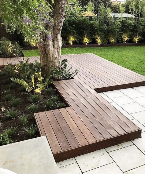 Beautiful Gardens Landscape, Moderne Have, Wooden Terrace, Wooden Deck, Front Landscaping, Restaurant Lighting, Landscape Designs, Backyard Spaces, Have Inspiration