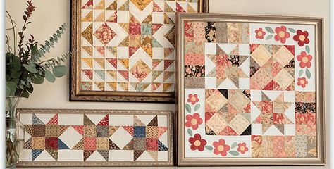 Skip the Binding for a Super Fast Finish! Quilt blocks and mini quilts look wonderful in frames and beautiful on a wall. Cluster several together for a lovely display of your quilting skills. Framing is a great way to get a quilt on display quickly, and to show off orphan blocks that may never see … Quilting Digest, Quilt Display, Quilts Decor, Quilting Frames, Quilting Room, Quilt Storage, Miniature Quilts, Old Quilts, Doll Quilt