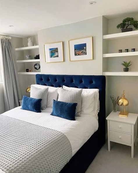 Blue Headboard Bedroom Decor, Blue Bed Interior, Bedroom Ideas Blue Bedframe, Bedrooms With Blue Headboards, Room With Blue Bed, Cozy Bedroom Blue Bed, Bedding For Blue Headboard, Bedroom Ideas Blue Bed, Velvet Blue Bedroom Ideas