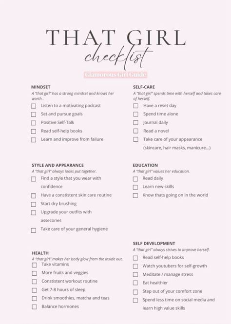 That girl checklist #selfgrowth #affirmations #quotes #glowup #beautytips #skincare #personaldevelopment #SelfCare   #SelfCareChecklist   #SelfCareIdeas   #SelfCareVisionBoard. Find out more here 👉 https://www.theworldaccordingtome.org/1790248_revitalize-your-mind-25-self-care-ideas-for-at-home-stress-relief/?selfcare Selfcare Routine Checklist, Weekly Self Care Plan, Self Maintenance Checklist, Selfcare To Do List, Girl Routine Ideas, Dream Life Checklist, Self Care Maintenance Checklist, Self-care Routine List, Every Girl Needs