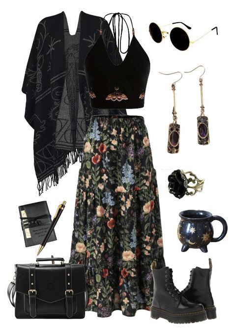 Boho Gothic Outfit, Witchy Vibes Outfit Modern, Witchy Earthy Aesthetic, Emo Boho Outfit, Hecate Outfits, Dark Witchy Outfits, Bog Witch Aesthetic Outfit, Witch Summer Outfit, Psychic Outfit