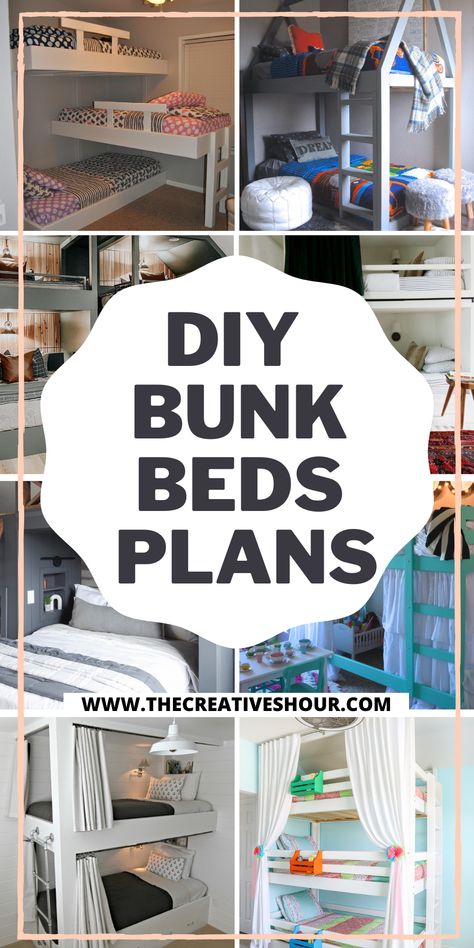 Looking for DIY bunk bed plans that will help you maximize your small space? Check out these ideas that are perfect for anyone who wants to make the their living area more beautiful & creative! From using built-in storage to creating a bunk bed with stairs or a slide, these plans will help you create a functional and beautiful space that your kids will love. Bunk Bed House Ideas, Tiny Room Bunk Beds, Bunkbed Bedroom Ideas For Small Rooms, Bunk Beds For Girls Room Diy, Bunkbed Ideas Small Room, Bunk Bed Ideas For Small Rooms Homemade, Bunk Beds With Storage Small Bedrooms, Small Room Bunk Beds Space Saving, Creative Bunk Beds Space Saving