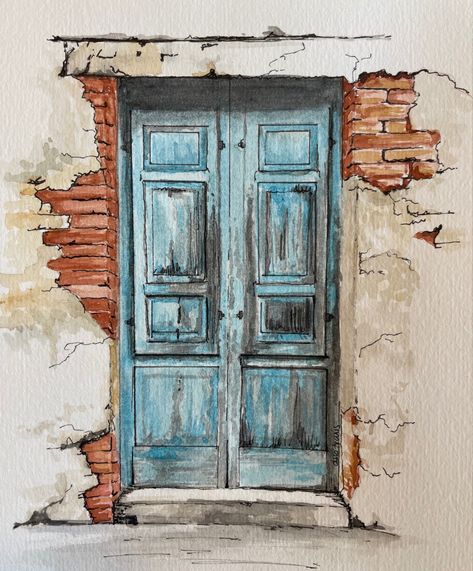 Watercolor painting Windows Watercolor Painting, Watercolor Paintings Doors And Windows, Watercolour Doors Watercolor Painting, Watercolor Doors And Windows, Painting Of A Door, Watercolour Buildings Simple, Watercolor Doorways, Watercolor Doors Paintings, Vintage Door Painting