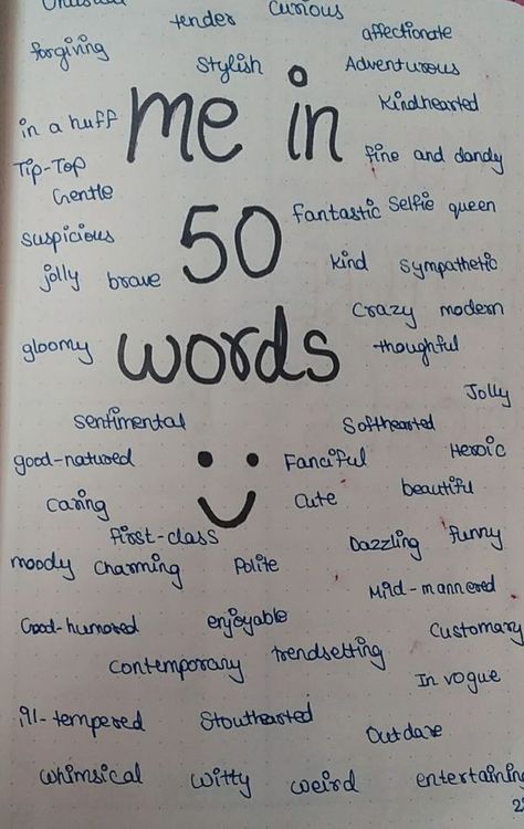 Me In 50 Words, Journaling Layout, Journal Inspiration Writing, Bullet Journal Ideas Templates, Creating A Bullet Journal, Bullet Journal Mood Tracker Ideas, Bulletin Journal Ideas, Pretty Journals, 50 Words