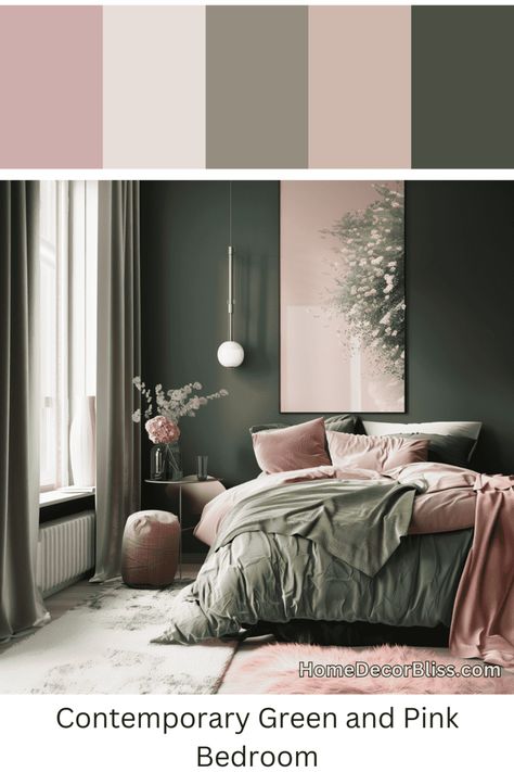 Contemporary Bedroom: Green Wall and Blush Bedding Blush Pink Feature Wall Bedroom, Emerald Green And Dusty Rose Bedroom, Bedroom Color Ideas Green, Dusty Pink Headboard, Olive Green Pink Bedroom, Dark Green And Dusty Rose Bedroom, Pink And Mauve Bedroom, Dark Green And Pink Bedroom Aesthetic, Sage Green And Dusty Pink Bedroom