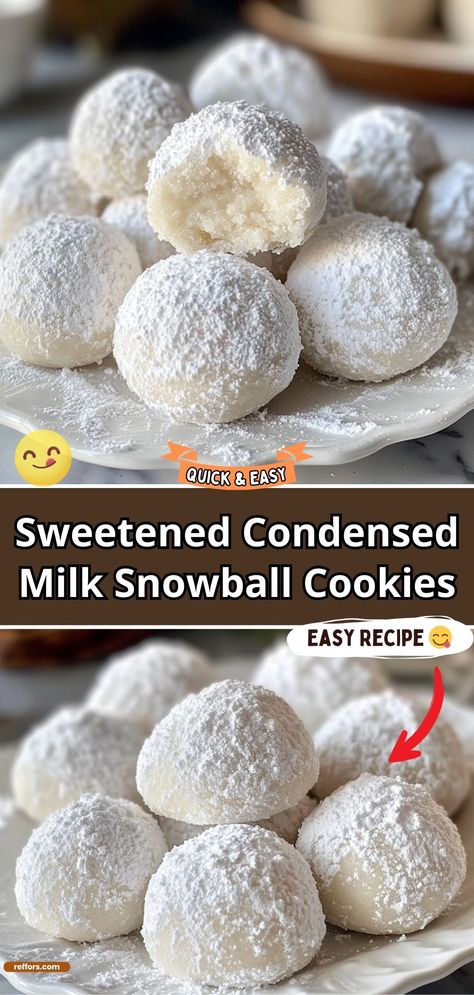 Indulge in the melt-in-your-mouth magic of our Sweetened Condensed Milk Snowball Cookies. These delightful cookies are soft, chewy, and perfectly sweetened with condensed milk, rolled in snowy powdered sugar. They’re the ideal treat for your holiday gatherings or a cozy night in. #SnowballCookies #HolidayTreats #CondensedMilkCookies Sweeten Condensed Milk Snowballs, Sweeten Condensed Milk Snow Ball Cookies, Milk Snowball Cookies, Snacks With Sweetened Condensed Milk, Snowball Cookies With Chocolate Chips, Recipe For Sweetened Condensed Milk, Melt In Your Mouth Cookies Recipe, Sweetened Condensed Milk And Cream Cheese Recipes, Sno Ball Cookies Recipe