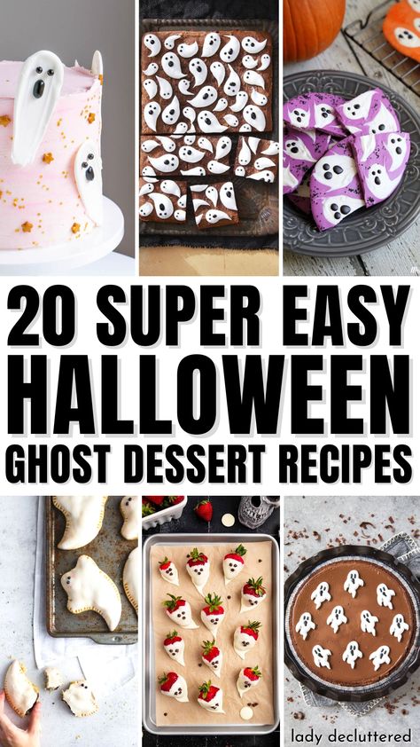 20 Super Easy Halloween Ghost Dessert Recipes Halloween Party Dessert Ideas Easy, Halloween Desserts Ghost, Halloween Ghost Fruit Kabobs, Casper Themed Snacks, Halloween Ghost Snacks, Easy Spooky Treats For Halloween, Ghost Recipes Halloween Treats, Spooky Marshmallow Treats, Ghost Treats Halloween