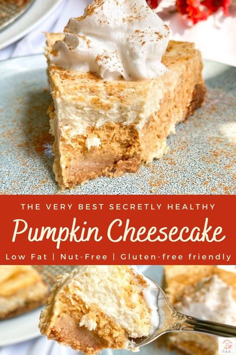 This healthy pumpkin cheesecake recipe is the best for clean eating! It has some greek yogurt, low fat cream cheese, and it’s refined sugar free! Sweetened only with maple syrup and dates. It’s so easy to make and the crust is only 2 simple ingredients and can easily be made gluten-free! Great for weight watchers! There is a vegan option and each slice is way lower in carbs than a normal cheesecake. I can’t wait for you to make this! #cheesecake #cleaneating #healthydessert Macro Friendly Thanksgiving Dessert, Greek Yogurt Pumpkin Cheesecake, Healthy Pumpkin Cheesecake Recipe, Healthy Pumpkin Cheesecake, Healthy Cheesecake Recipes, Low Calorie Pumpkin, Greek Yogurt Cheesecake, Fall Sweets, Cheese Desserts