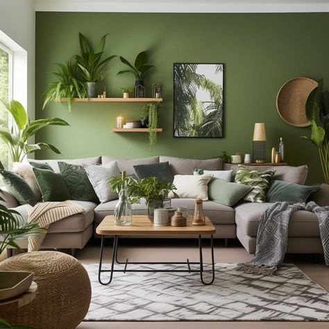 How to Use Green in Your Living Room for a Soothing Ambiance • 333+ Inspiring Lifestyle Ideas Art For Green Living Room, Grey Couch Green Walls Living Room, Green And White Aesthetic Living Room, Living Room Ideas Gray Sofa, Sage And Forest Green Living Room, Sage Green Living Room Grey Sofa, Sage Green Living Room Brown Sofa, One Green Wall Living Room, Gret Sofa