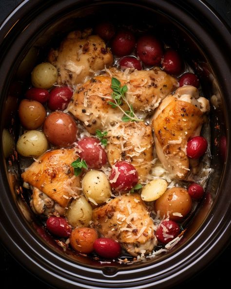 Time and again, this dish proves to be a crowd favorite in our house Chicken Crockpot Recipes Easy, Garlic Parmesan Chicken, Parmesan Chicken, Crockpot Dishes, Chicken Slow Cooker Recipes, Chicken Potatoes, Red Grapes, Crockpot Recipes Slow Cooker, Crock Pot Cooking