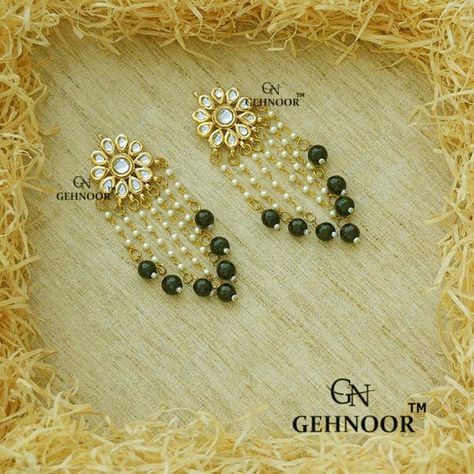 Complete the Gorgeous Black and White Look by pairing these Beautiful Black Beaded Tassel Earrings adorned with Kundan Flower Studs! .… Diy Kundan Earrings, Kundan Earrings Studs, Kundan Studs Earrings, Diy Kundan Jewellery, Multicoloured Earrings, Black Beaded Earrings, Festive Jewellery, Diy Earrings Materials, Earrings Kundan